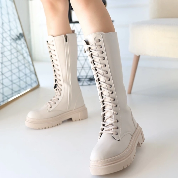 BİÇOMİ Mennd Bej Cilt Bağcıklı Çizme