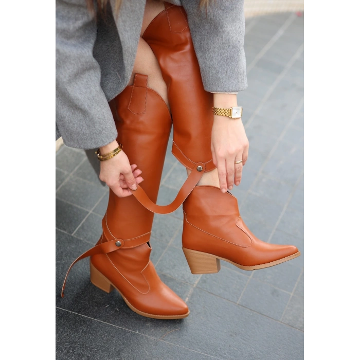 BİÇOMİ Milla Taba Cilt Tak Çıkar Topuklu Bot Ve Çizme