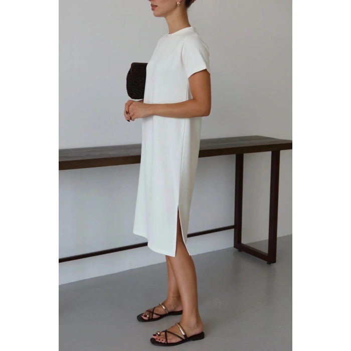 BİÇOMİ Modal yırtmaçlı elbise beyaz pt