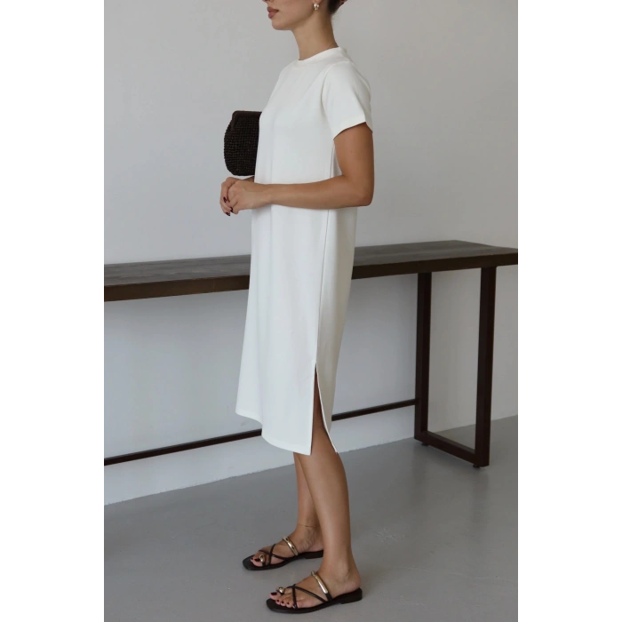 BİÇOMİ Modal yırtmaçlı elbise beyaz pt