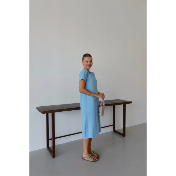 BİÇOMİ Modal yırtmaçlı elbise mavi pt