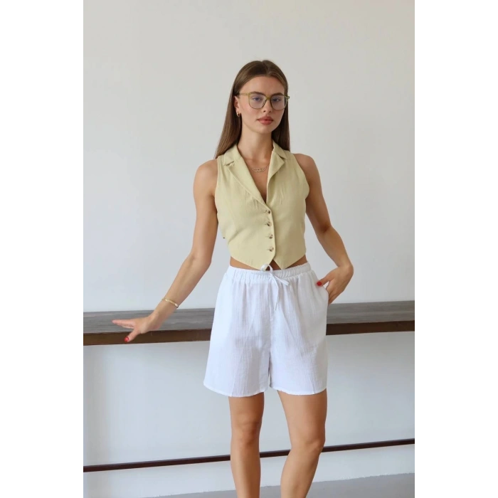 BİÇOMİ Müslin kumaş şort bağcıklı beyaz pt