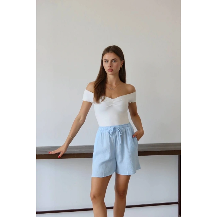 BİÇOMİ Müslin kumaş şort bağcıklı mavi pt