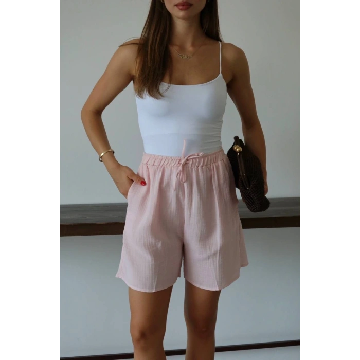 BİÇOMİ Müslin kumaş şort bağcıklı pembe pt