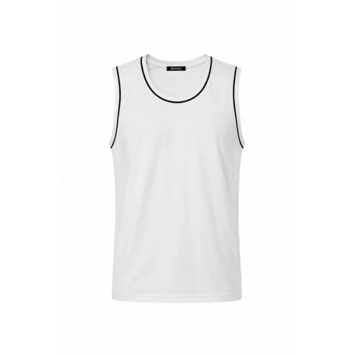 Biçomi Ön Unisex Pamuklu Bisiklet Yaka Kolsuz Atlet Kontrast Biyeli Regular Fit - Beyaz