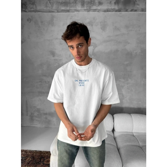 Biçomi Ön Ve Arka Baskılı Oversize Bisiklet Yaka T-shirt- Beyaz