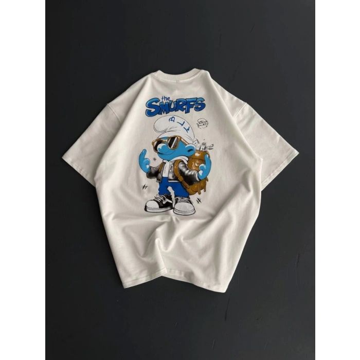 Biçomi Ön Ve Arka Baskılı Oversize Bisiklet Yaka T-shirt- Beyaz