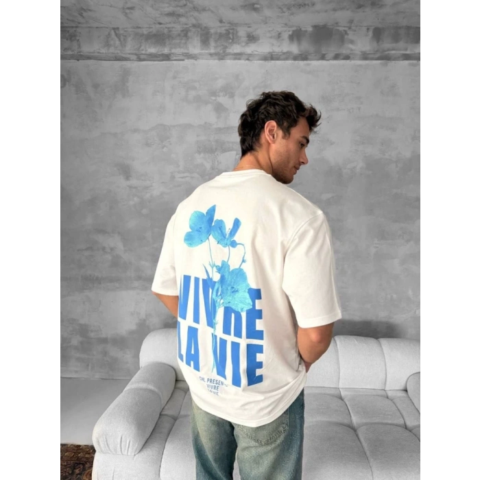 Biçomi Ön Ve Arka Baskılı Oversize Bisiklet Yaka T-shirt- Beyaz
