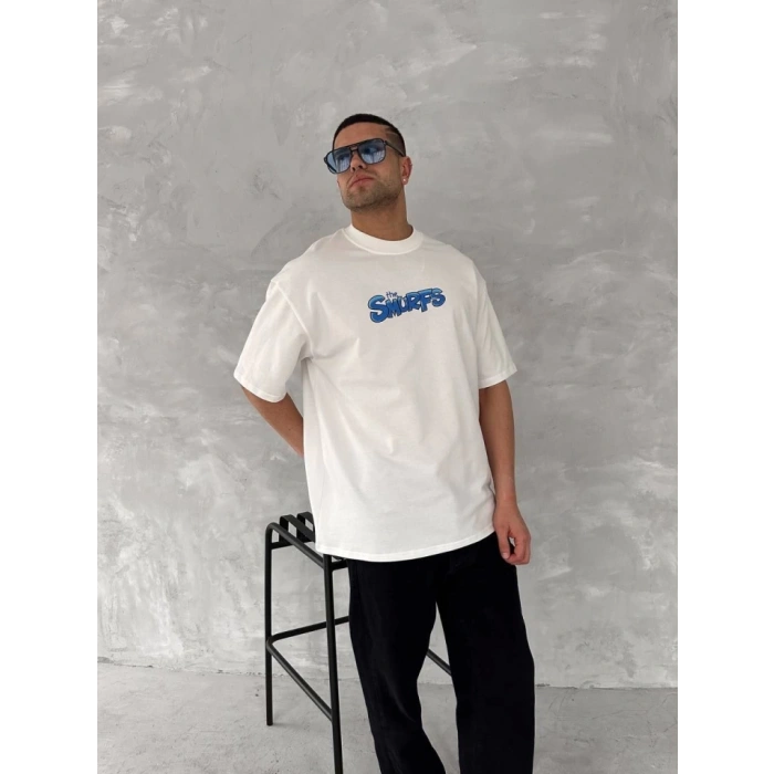 Biçomi Ön Ve Arka Baskılı Oversize Bisiklet Yaka T-shirt- Beyaz