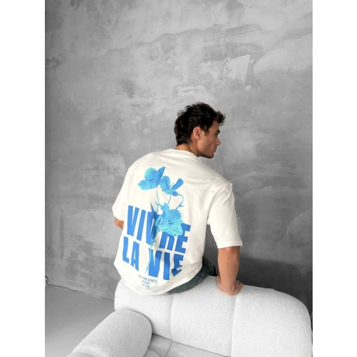 Biçomi Ön Ve Arka Baskılı Oversize Bisiklet Yaka T-shirt- Beyaz