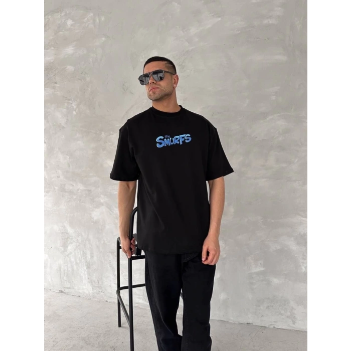 Biçomi Ön Ve Arka Baskılı Oversize Bisiklet Yaka T-shirt- Siyah