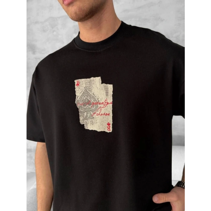 Biçomi Ön Ve Arka Baskılı Oversize Bisiklet Yaka T-shirt - Siyah
