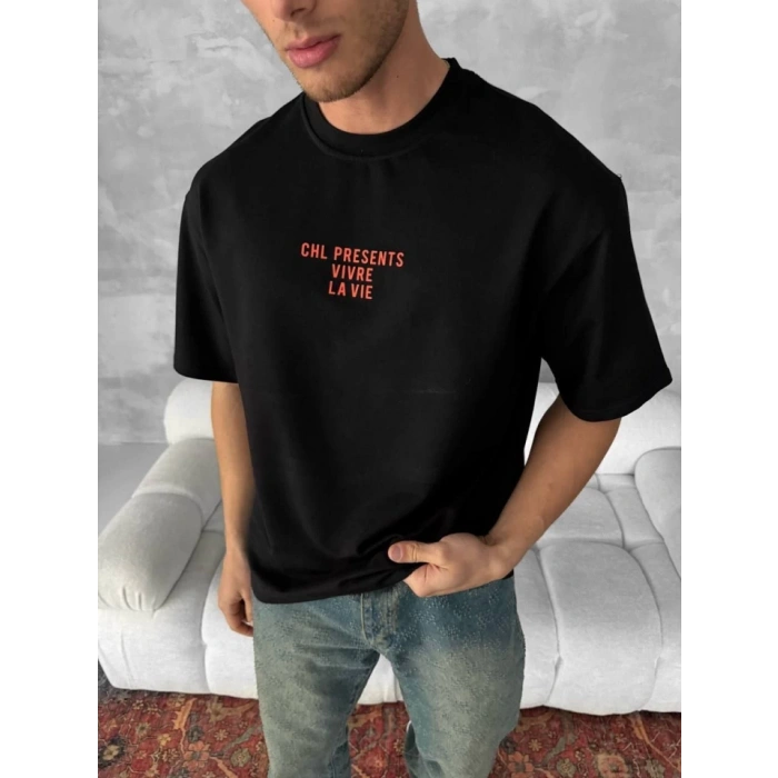 Biçomi Ön Ve Arka Baskılı Oversize Bisiklet Yaka T-shirt- Siyah