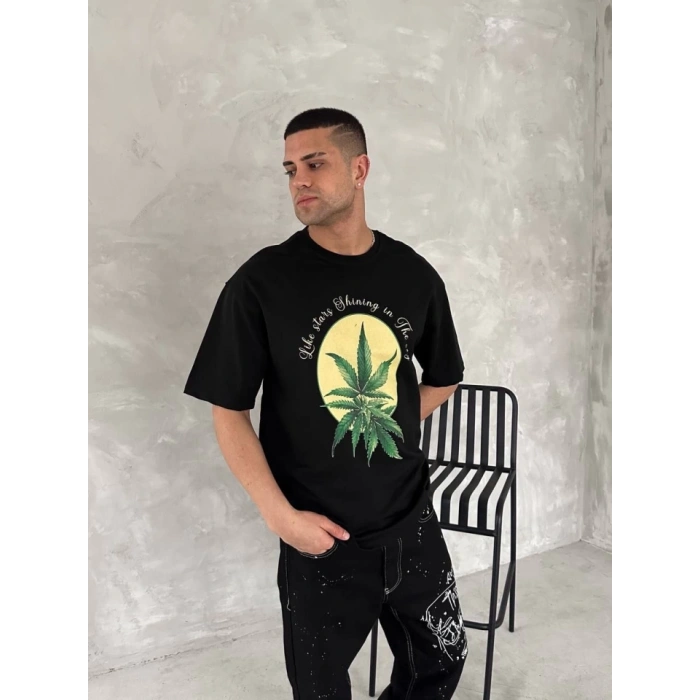 Biçomi Ön Ve Arka Baskılı Oversize Bisiklet Yaka T-shirt- Siyah