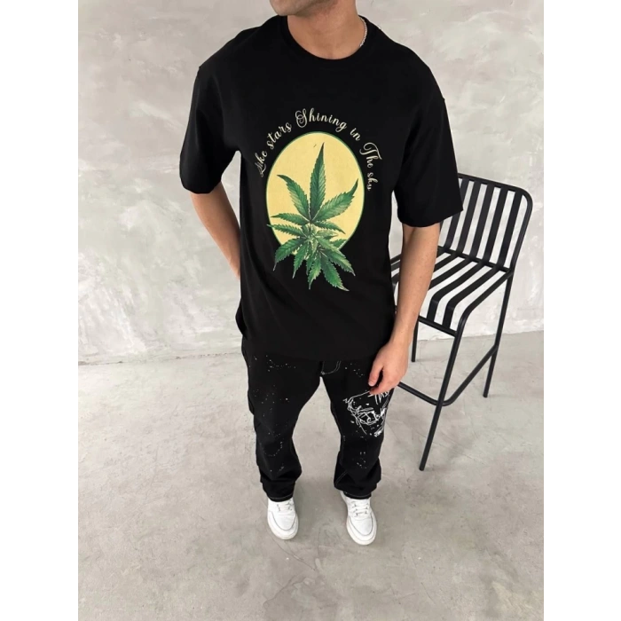 Biçomi Ön Ve Arka Baskılı Oversize Bisiklet Yaka T-shirt- Siyah