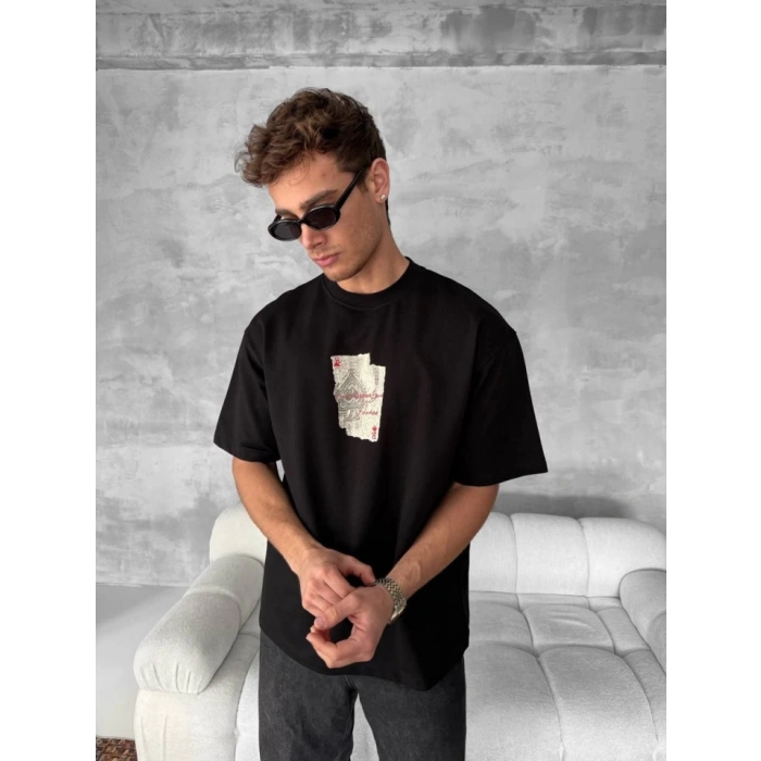 Biçomi Ön Ve Arka Baskılı Oversize Bisiklet Yaka T-shirt - Siyah