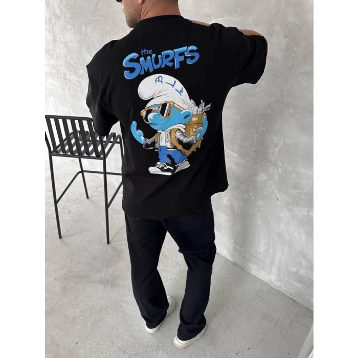 Biçomi Ön Ve Arka Baskılı Oversize Bisiklet Yaka T-shirt- Siyah