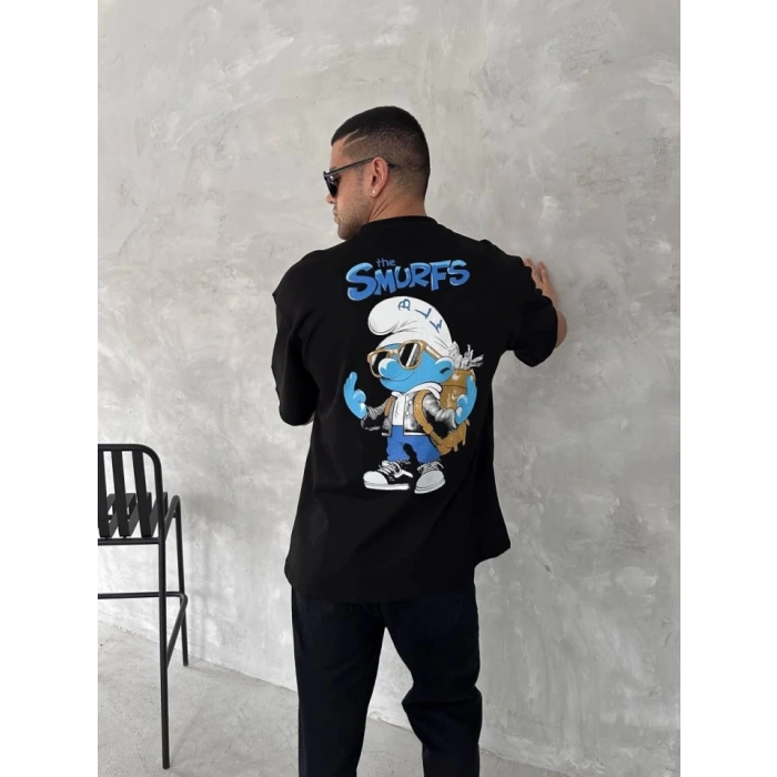 Biçomi Ön Ve Arka Baskılı Oversize Bisiklet Yaka T-shirt- Siyah