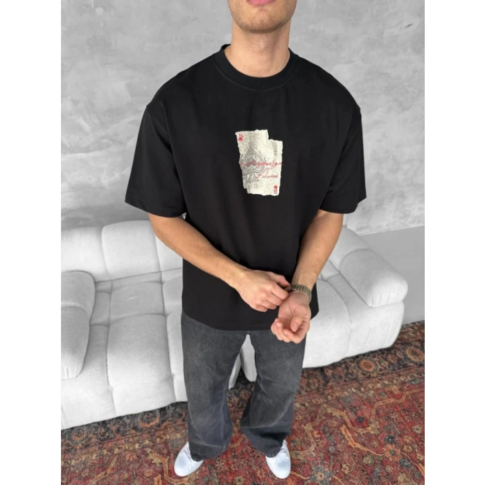 Biçomi Ön Ve Arka Baskılı Oversize Bisiklet Yaka T-shirt - Siyah
