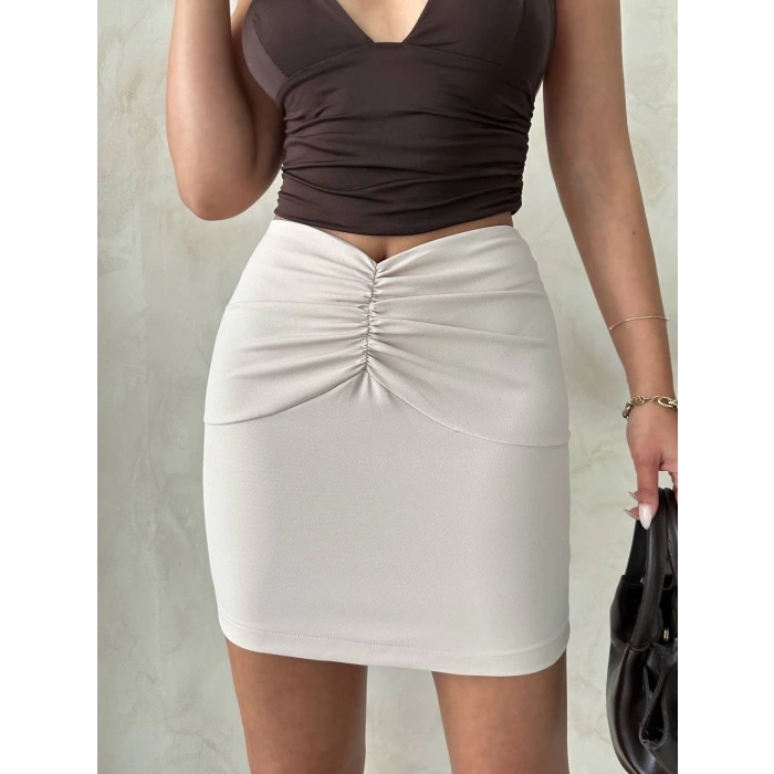 BİÇOMİ Önü büzgülü etek bej s24222