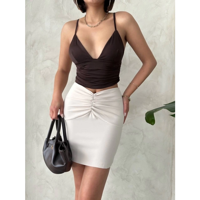 BİÇOMİ Önü büzgülü etek bej s24222