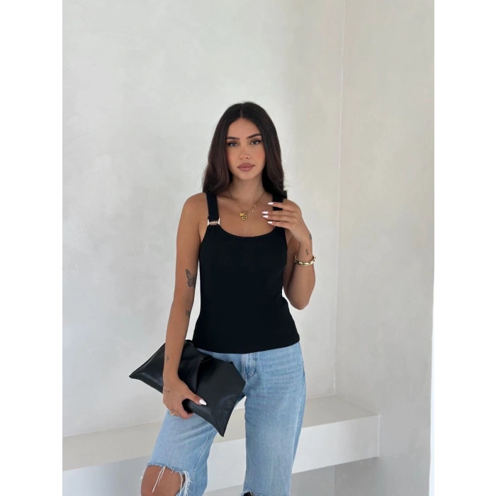 BİÇOMİ Ottoman toka askılı bluz siyah s4194