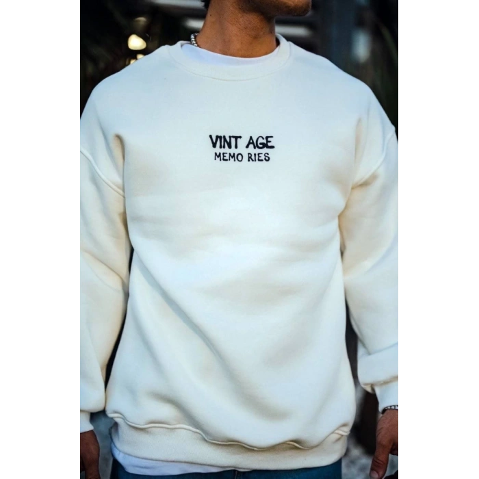Biçomi Oversize Bisiklet Yaka Üç İplik Baskılı SweatShirt - Beyaz