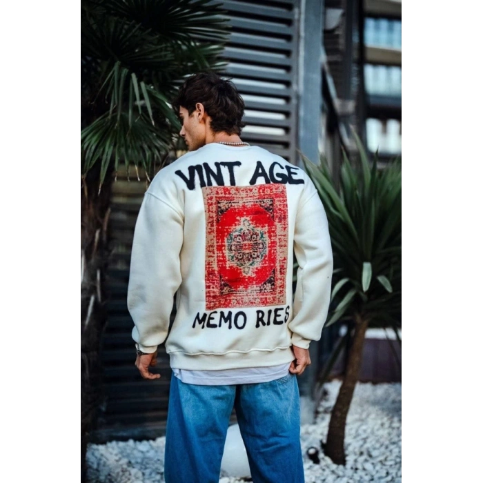Biçomi Oversize Bisiklet Yaka Üç İplik Baskılı SweatShirt - Beyaz