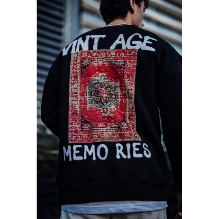 Biçomi Oversize Bisiklet Yaka Üç İplik Baskılı SweatShirt - Siyah