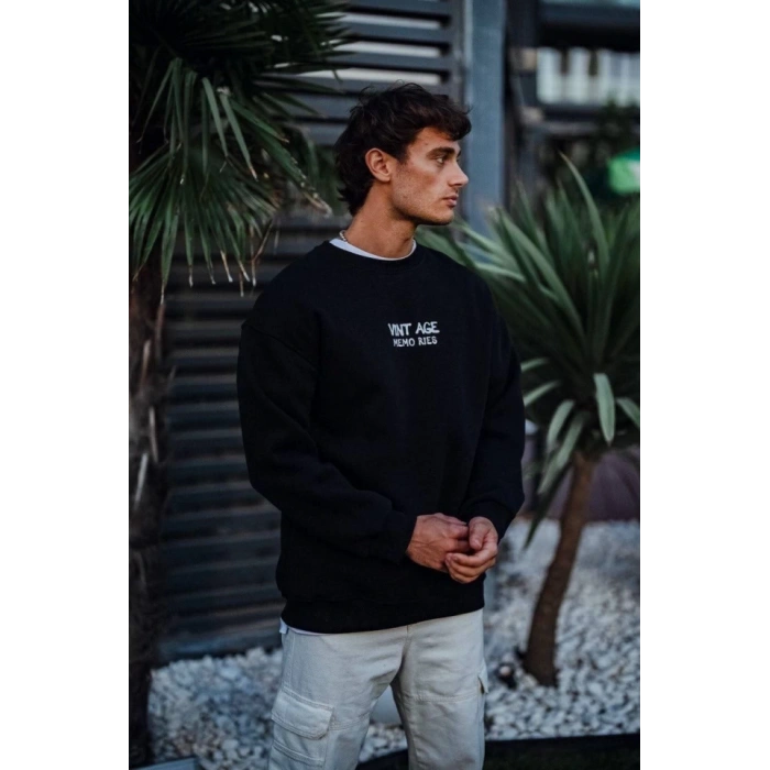 Biçomi Oversize Bisiklet Yaka Üç İplik Baskılı SweatShirt - Siyah