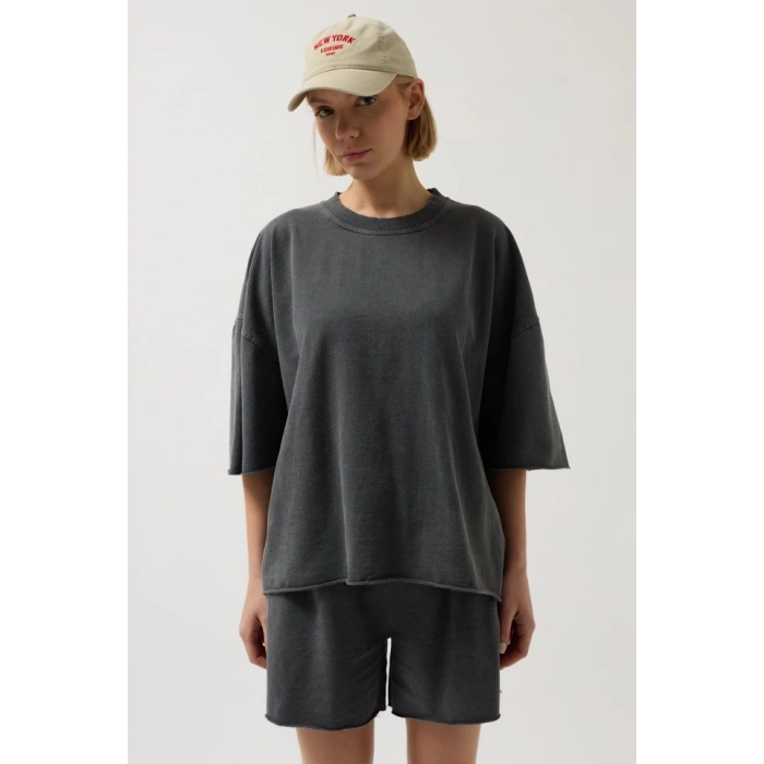 Biçomi Oversize Lazer Kesim Bisiklet Yaka T-Shirt