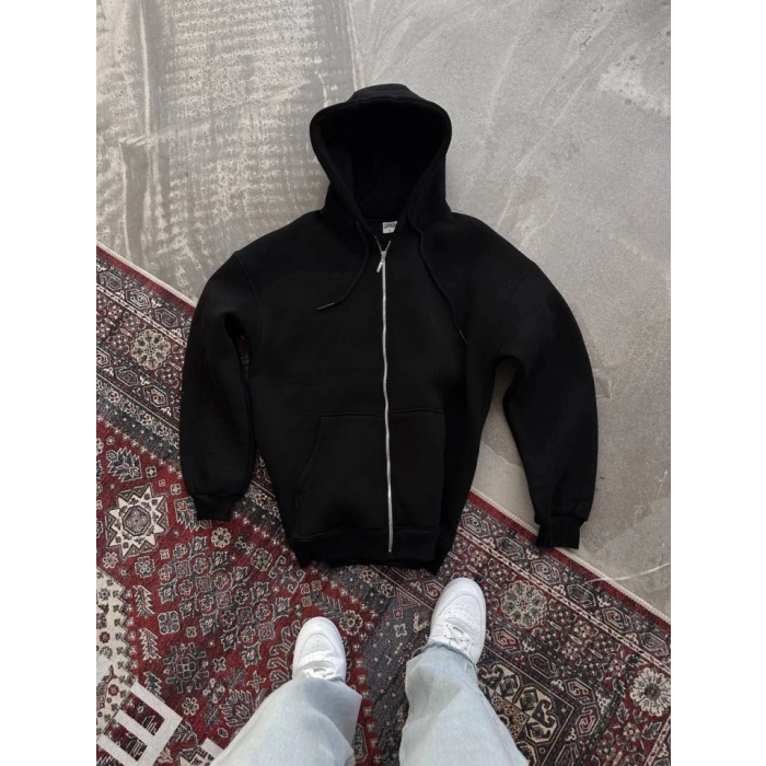Biçomi Oversize Tam Fermuarlı Uzun Kol Hırka - Siyah