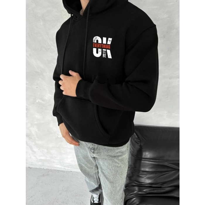 Biçomi Oversize Üç İplik Kapşonlu SweatShirt - Siyah