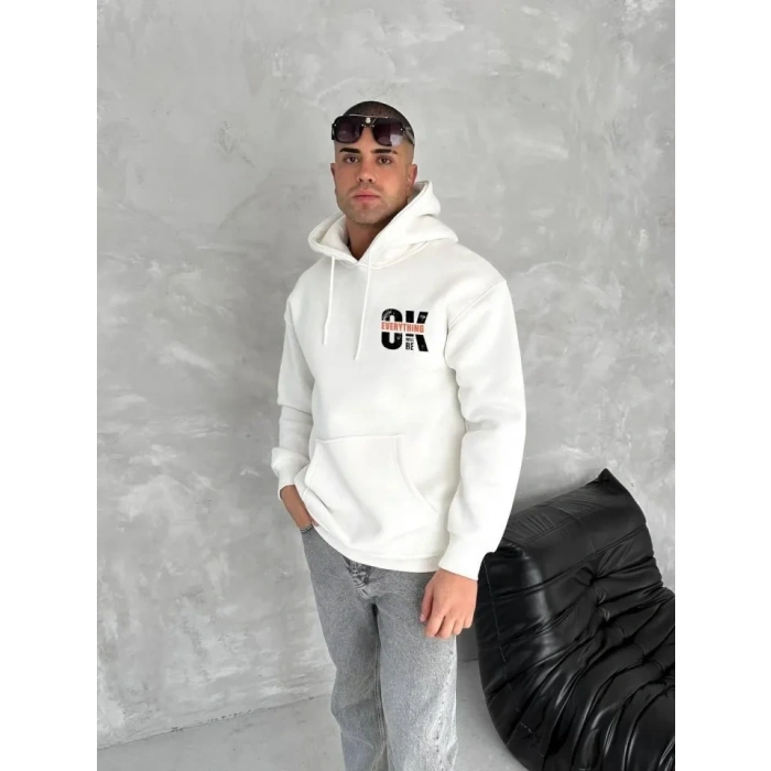 Biçomi Oversize Üç İplik Kapüşonlu SweatShirt - Beyaz