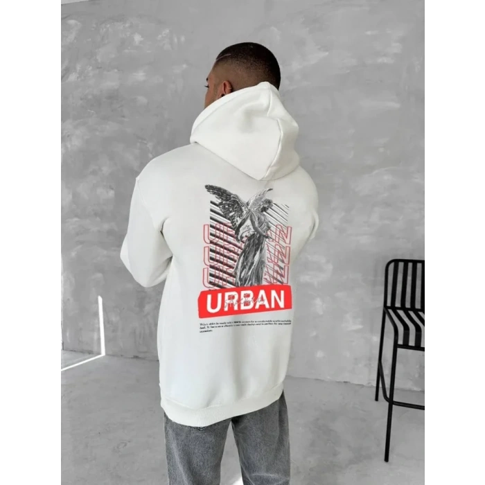 Biçomi Oversize Üç İplik Kapüşonlu SweatShirt - Beyaz