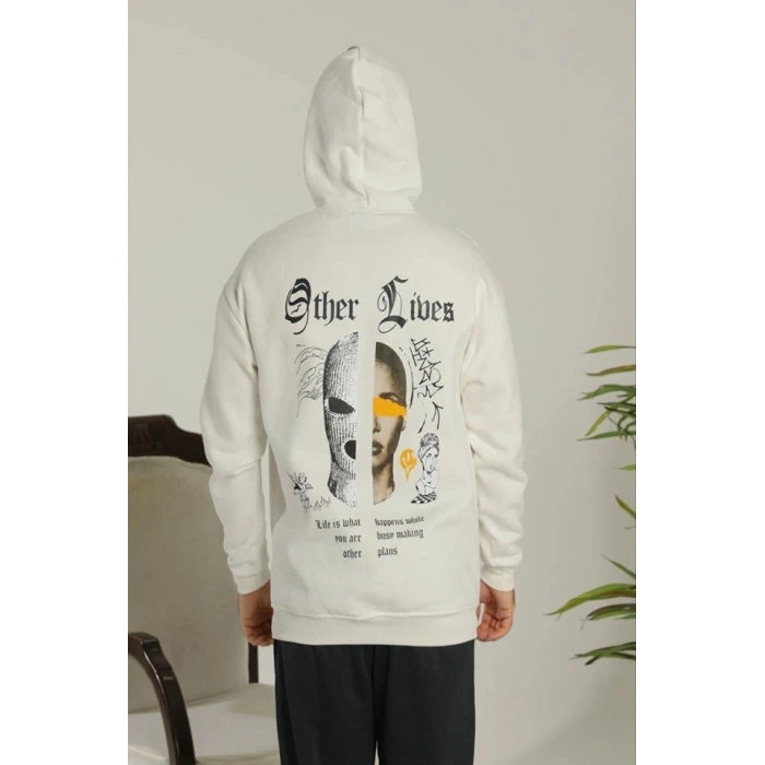 Biçomi Oversize Üç İplik Şardonlu Kapüşonlu Sweatshirt – Beyaz “Other Lives” Ön Ve Arka Baskılı, Kanguru Cepli, Ribanalı Rahat Kışlık Model Beyaz