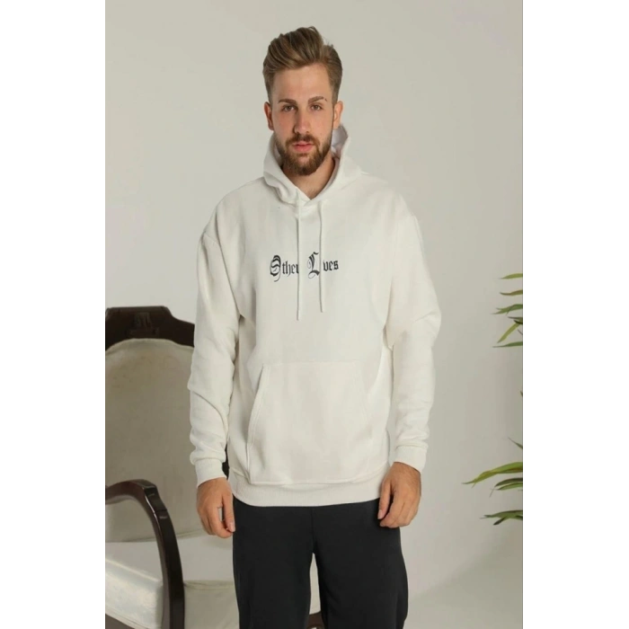 Biçomi Oversize Üç İplik Şardonlu Kapüşonlu Sweatshirt – Beyaz “Other Lives” Ön Ve Arka Baskılı, Kanguru Cepli, Ribanalı Rahat Kışlık Model Beyaz