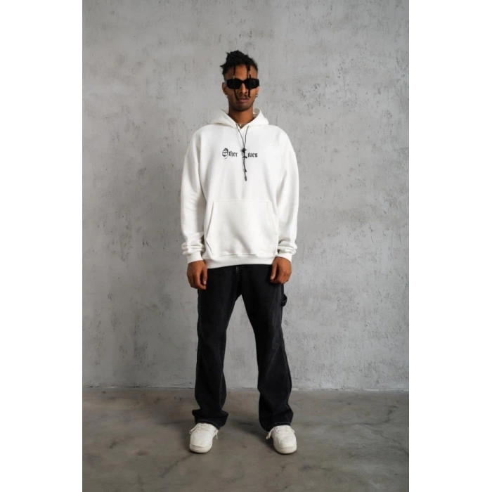 Biçomi Oversize Üç İplik Şardonlu Kapüşonlu Sweatshirt – Beyaz “Other Lives” Ön Ve Arka Baskılı, Kanguru Cepli, Ribanalı Rahat Kışlık Model Beyaz