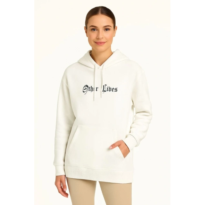 Biçomi Oversize Üç İplik Şardonlu Kapüşonlu Sweatshirt – Beyaz “Other Lives” Ön Ve Arka Baskılı, Kanguru Cepli, Ribanalı Rahat Kışlık Model Beyaz
