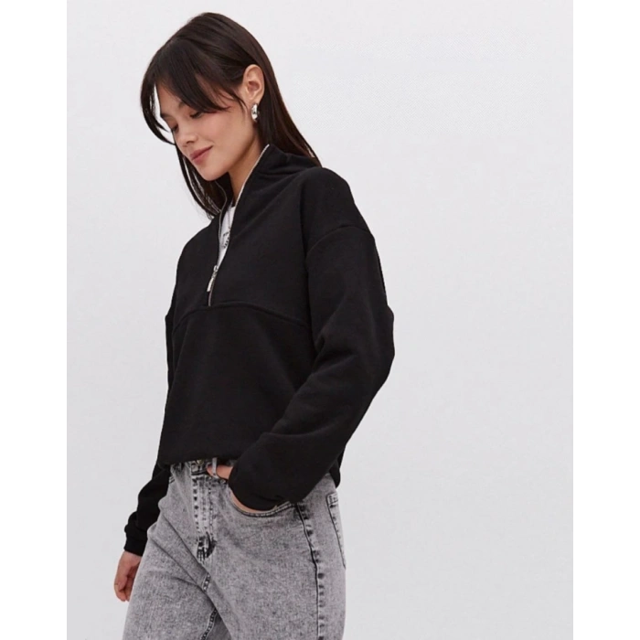 Biçomi Oversize Yarım Farmuarlı Yakalı Basic SweatShirt - Siyah