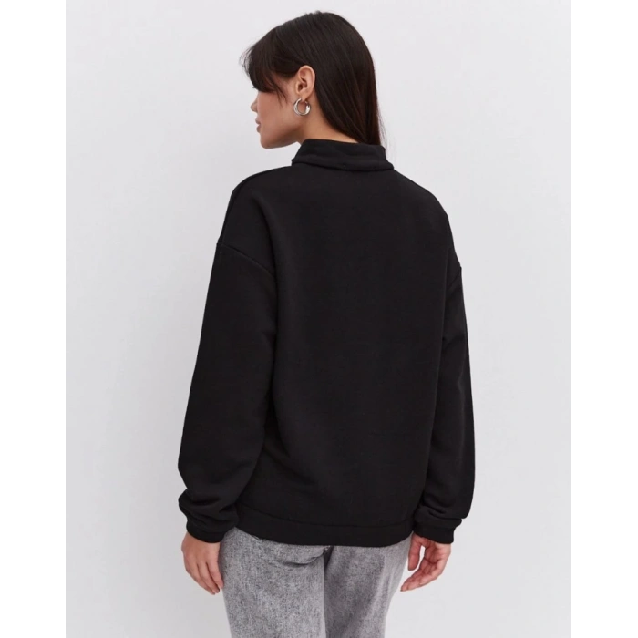 Biçomi Oversize Yarım Farmuarlı Yakalı Basic SweatShirt - Siyah