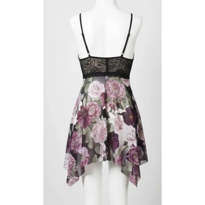 Bicomi Özel Tasarım Çiçek Desenli İnce Askılı Dantel İşlemeli Bol Kesim Mini Gecelik