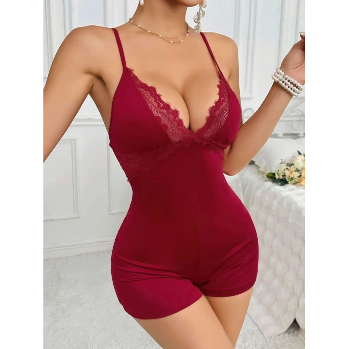 Bicomi Pamuklu Bordo Dantel İşlemeli Düğmeli Tulum Pijama