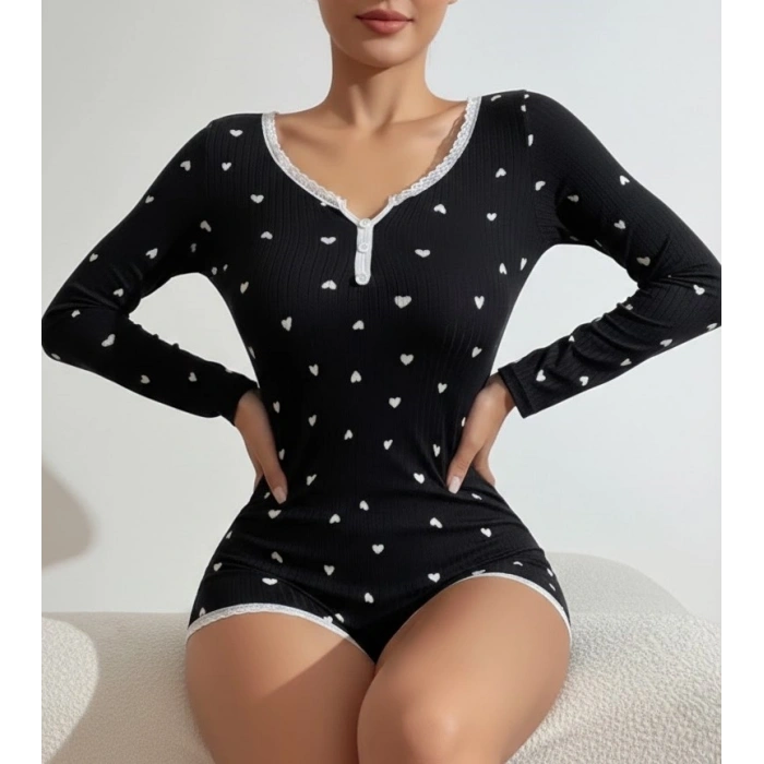 Bicomi Pamuklu Siyah Kalp Desenli Tulum Pijama