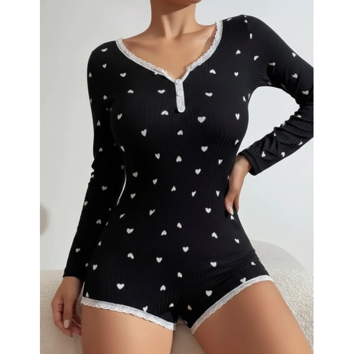 Bicomi Pamuklu Siyah Kalp Desenli Tulum Pijama