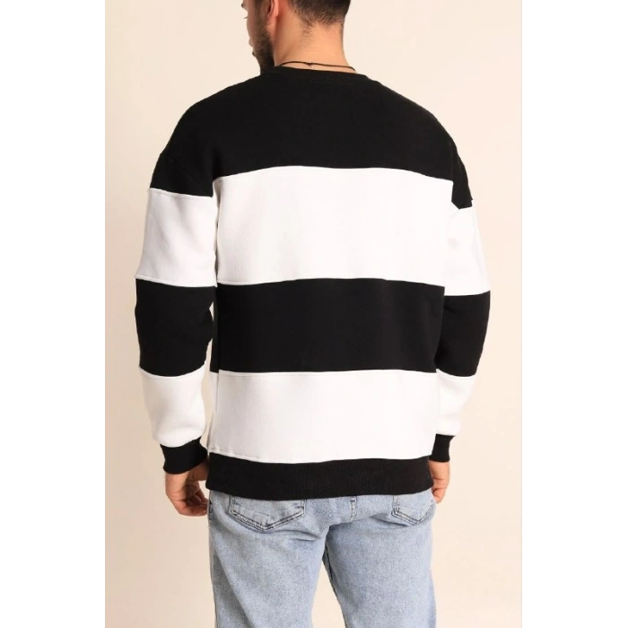 Biçomi Parçalı Bisiklet Yaka Baskılı SweatShirt - Siyah