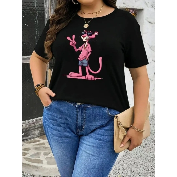 Biçomi Pembe Panter Baskılı Oversize Bisiklet Yaka T-shirt - Beyaz