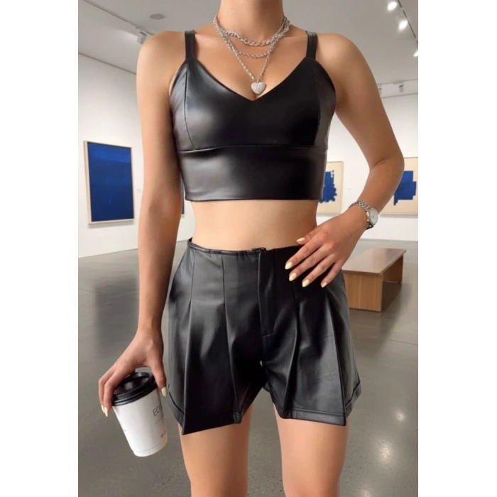BİÇOMİ Pileli deri şort siyah h240053