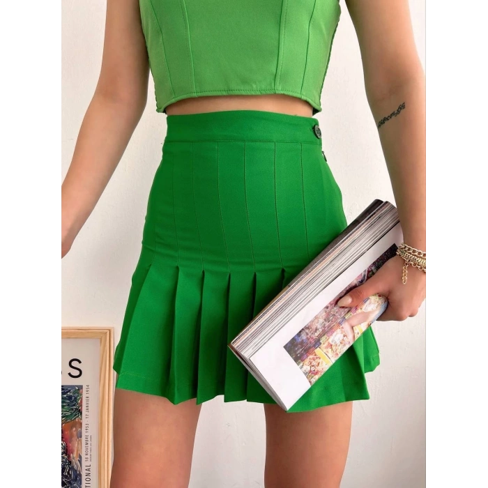 BİÇOMİ Pileli düğmeli etek açık yeşil s24811