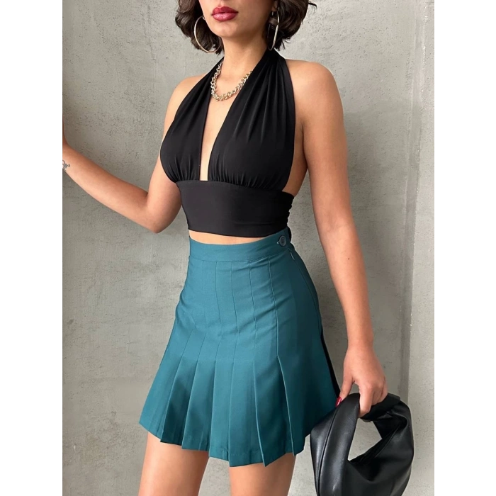 BİÇOMİ Pileli düğmeli etek yeşil s24811